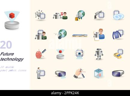 Technologie future. Icônes créatives : nanobot, cyborg, tourisme spatial, arme de haute technologie, lentilles de contact nano, cybernétiques, drones spatiaux, robot personnel Illustration de Vecteur