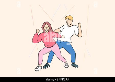Un homme et une femme heureux ont du plaisir à danser le hip hop ensemble. Couple souriant dans des vêtements brillants engagé dans l'activité de danse. Loisirs et loisirs. Illustration vectorielle. Illustration de Vecteur