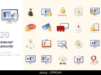 Sécurité Internet définie. Icônes créatives : reconnaissance faciale, confidentialité en ligne, mot de passe, cyber-sécurité, chiffrement des données, message de chiffrement, paiement sécurisé Illustration de Vecteur