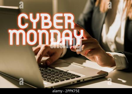 Affiche indiquant Cyber Monday. Mot écrit un jour où les sites Web d'ecommerce offrent une offre spéciale pour les acheteurs Banque D'Images