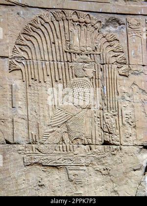 Corps d'oiseau à tête humaine représentant un dieu mythologique égyptien antique sculpté sur le mur du temple de Kom Ombo près d'Assouan. Banque D'Images