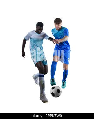 Gros plan sur la scène d'action du football avec des joueurs de football en compétition Banque D'Images