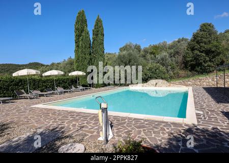 Une piscine sur la colline de Montemassi entourée de cyprès et lauriers roses. Italie Banque D'Images