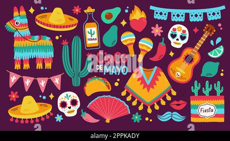 Cinco de Mayo sticker Set, 5 mai, vacances fédérales au Mexique. Bannière Fiesta et affiche avec drapeaux, décorations Illustration de Vecteur