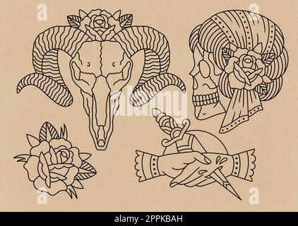 Old School tattoo art style dessin flash feuille seulement contours sur fond de papier ancien Banque D'Images