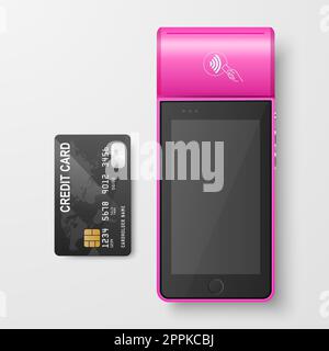 Vector 3d rouge NFC machine de paiement et carte de crédit isolée. Wi-fi, paiement sans fil. Terminal POS, modèle de conception de machine de terminal sans contact de paiement bancaire, maquette. Vue de dessus Banque D'Images