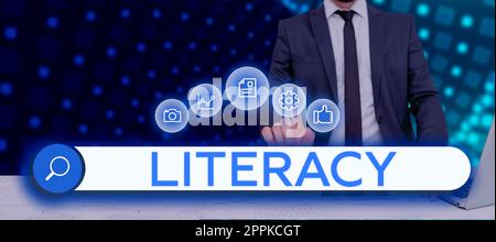 Légende conceptuelle alphabétisation. Mot pour la capacité de lire et d'écrire des compétences ou des connaissances dans un domaine spécifique Banque D'Images