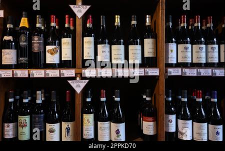 Intérieur d'un magasin de vin à la Morra, Piémont, Italie Banque D'Images