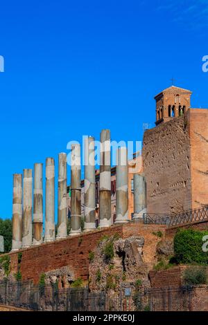 Vue sur la rue principale du Forum Romain via Sacra, vestiges de colonnes et clocher de la basilique Santa Francesca Romana, Rome, Italie. Banque D'Images