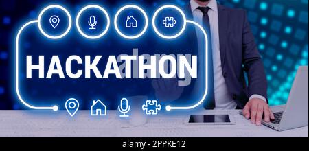 Inspiration montrant le signe Hackathon. Événement de concept d'Internet où un grand nombre de personnes s'engagent dans la programmation Banque D'Images