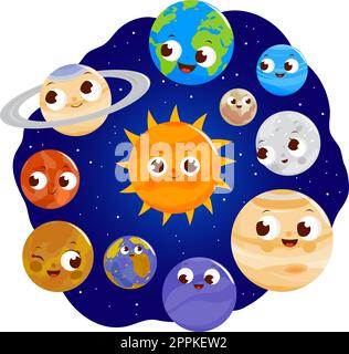 Les personnages de planète mignons du système solaire dans l'espace. Illustration vectorielle Illustration de Vecteur