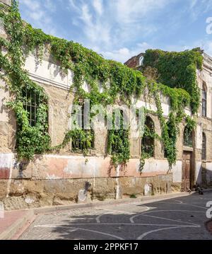 Ancien bâtiment abandonné, avec mur de pierre, et fenêtres en fer forgé, recouvert de plantes grimpantes, dans une allée pavée Banque D'Images