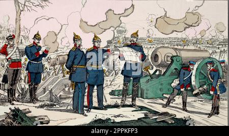 Guerre franco-prussienne : 'le siège et le bombardement de Paris, 1870' au centre, de gauche à droite : le roi Guillaume I d'Allemagne (1797-1888), le général Helmuth Karl Bernhard, comte von Moltke (1800-1891) et le chancellier Otto von Bismarck Schonhausen (1815-1898) (guerre de prusse : Siège et bombardement de Paris par les Prussiens, 1870 - Guillaume I de Prusse discutant avec Helmuth von Moltke l'ancien et Otto von Bismarck) image d'Epinal, 19eme siecle Banque D'Images