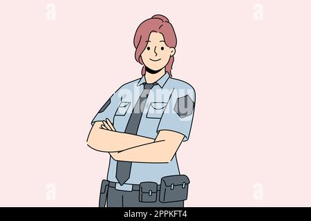 Femme souriante de police en uniforme, debout avec les armes croisées. Bonne garde de femme se sentant confiant montrer puissance et force. Illustration vectorielle. Illustration de Vecteur