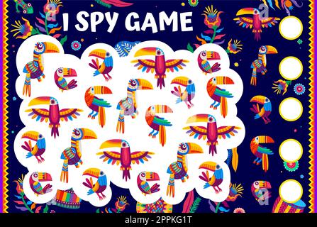 I Spy jeu feuille de travail avec le dessin animé mexicain des oiseaux toucan, le jeu de réflexion vectoriel. Trouvez et associez deux oiseaux tropicaux identiques, jeu de riddle pour enfants avec le tou coloré Illustration de Vecteur
