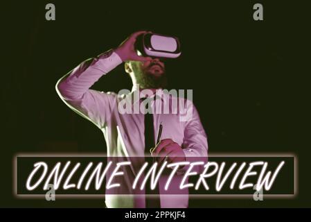 Affiche présentant l'entrevue en ligne. Méthode de l'idée d'entreprise réalisée à l'aide d'une communication informatisée Banque D'Images