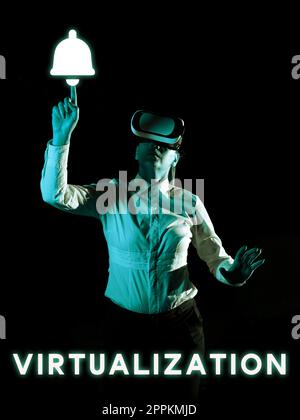 Affiche affichant la virtualisation. Présentation commerciale de l'application de l'environnement virtuel aux jeux informatiques Banque D'Images