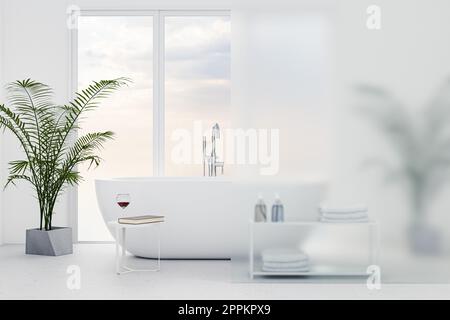 Salle de bains blanche sur pied dans une salle de bains lumineuse. Verre de vin rouge et livre sur une table. Séparateur en verre dépoli à droite. 3d ren Banque D'Images