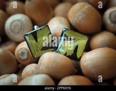 Gros plan boucles d'oreilles artisanales avec feuilles de persil concept photo Banque D'Images