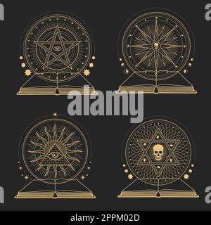 Symboles magiques occulte et ésotériques avec des livres. Signe d'alchimie ésotérique de Satan pentagram, symbole de vecteur maçon occulte de démon avec pyramide, tous sein Illustration de Vecteur