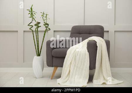 Vase avec tiges en bambou vert au sol et fauteuil dans la chambre. Design intérieur Banque D'Images