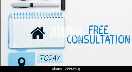 Légende de texte présentant la consultation gratuite. Mot pour donner des discussions médicales et juridiques sans salaire Banque D'Images