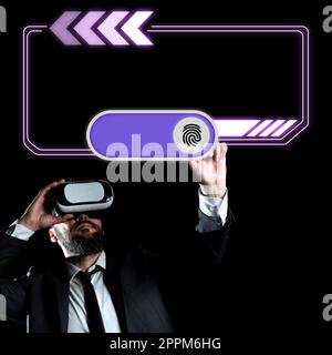 Homme d'affaires portant des lunettes VR et pointant sur des messages importants avec un doigt. Homme ayant des lunettes de réalité virtuelle et montrant des informations crutiales. Banque D'Images