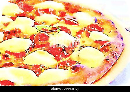 Illustration créative dans un design d'aquarelle vintage - Pizza Margherita avec fromage Mozzarella, basilic et tomates. Banque D'Images