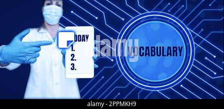 Écriture affichage du vocabulaire de texte. Mot pour la collection de mots et de phrases classés par ordre alphabétique et expliqués ou définis Banque D'Images