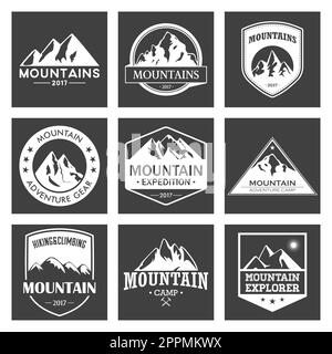 Ensemble de logos Mountain Travel, Outdoor Adventures. Des étiquettes ou des icônes de randonnée et d'escalade pour les organisations touristiques, les événements, les loisirs de camping. Banque D'Images