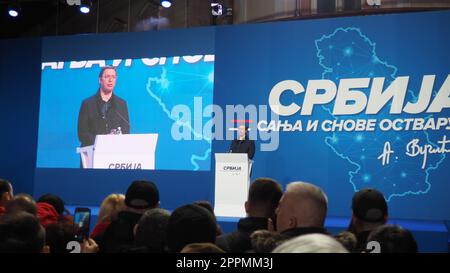 Sremska Mitrovica Serbie 03.17.2023 rassemblement du Parti progressiste serbe SNS. Le Président de la République de Serbie, Aleksandar Vucic, s'adresse à l'ele Banque D'Images