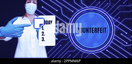 Inspiration montrant le signe Counterfeit. Internet concept fait en imitation de quelque chose d'autre avec l'intention de tromper Banque D'Images