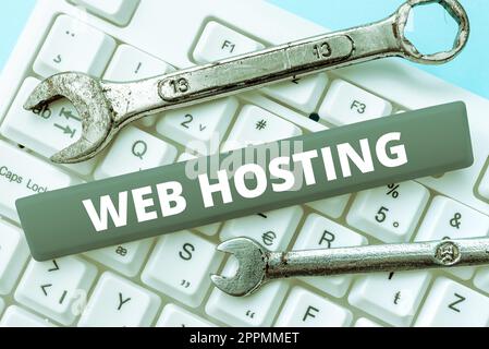 Affiche affichant Web Hosting. Les entreprises présentent l'activité de fournir de l'espace de stockage et l'accès aux sites Web Banque D'Images