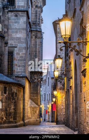 Petite ruelle dans le célèbre quartier gothique de Barcelone à l'aube Banque D'Images