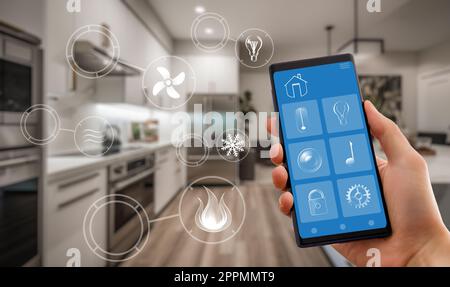 Interface de la technologie Smart Home sur l'application pour smartphone. Écran avec vue en réalité augmentée de l'Internet des objets connectés dans l'interio appartement Banque D'Images