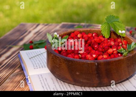 Un bol en bois de fraises sauvages mûres rouges et de fleurs avec un livre sur une vieille surface en bois. Espace de copie. Banque D'Images