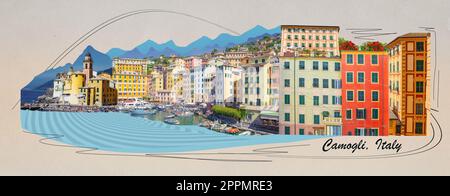 Bâtiments colorés et plage à Camogli sur la journée ensoleillée d'été, Ligurie. Art design contemporain ou collage Banque D'Images