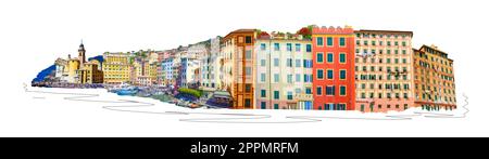 Bâtiments colorés et plage de Camogli aux beaux jours de l'été, Ligurie Banque D'Images