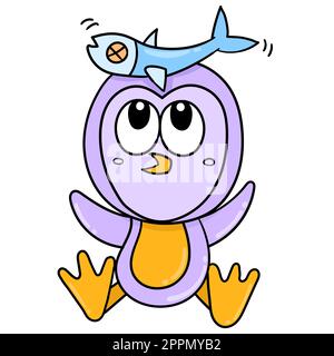 les pingouins jouent avec leur nourriture poisson doodle kawaii. icône doodle Illustration de Vecteur