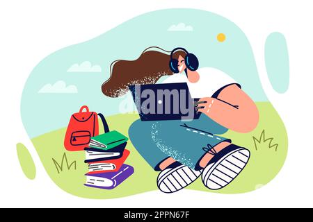 Une jeune fille étudiante avec un ordinateur portable s'assoit sur une pelouse verte par temps ensoleillé et regarde un webinaire en ligne Illustration de Vecteur
