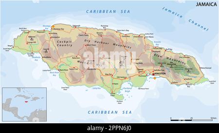 Carte routière vectorielle de la nation insulaire des Caraïbes de la Jamaïque Illustration de Vecteur