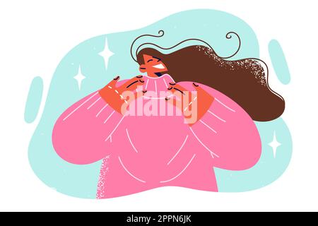 Une femme positive sourit alors qu'elle tente un chandail chaud nécessaire pour les chambres non chauffées en hiver Illustration de Vecteur