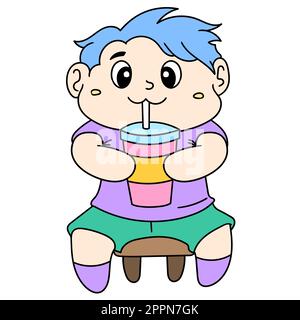 un petit enfant est assis mignonne de l'eau potable d'un verre, l'icône de doodle image Illustration de Vecteur