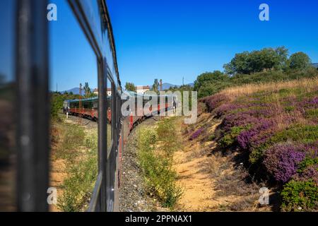 Train Expreso de la robla passant le long du monument naturel Ojo Guareña. Las Merindades, Burgos. Espagne. Le complexe karstique Ojo Guareña est, avec son alm Banque D'Images