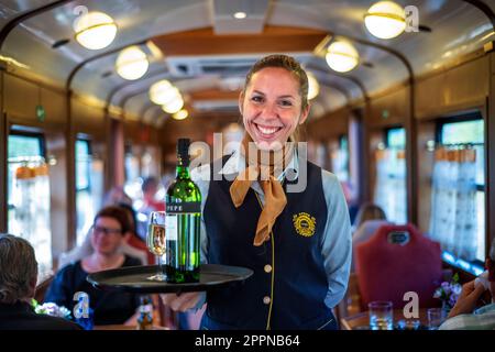 Sert du vin blanc à l'intérieur du train de luxe Expreso de la Robla qui traverse Bilbao pour rejoindre Leon dans le nord de l'Espagne, en Europe. Intérieur du restaurant c Banque D'Images