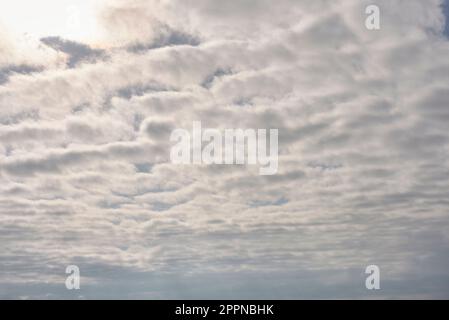 Un ciel plein de nuages blancs avec le soleil brillant à travers.coton laine, nuages pleins, espace vide, personne, brillant, brillant, ensoleillé Banque D'Images