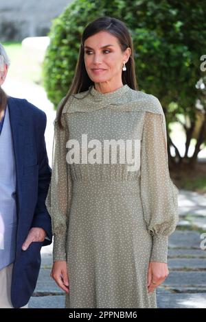 Madrid, Espagne. 24th avril 2023. La reine Letizia d'Espagne pose pour une photo après le prix de littérature 'Miguel de Cervantes' 2022 à l'écrivain vénézuélien Rafael Cadenas à l'Université Alcalá de Henares à Madrid. Crédit : SOPA Images Limited/Alamy Live News Banque D'Images