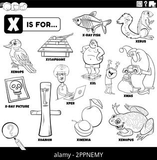 page de coloriage de l'ensemble de dessins animés éducatifs de lettre x mots Illustration de Vecteur
