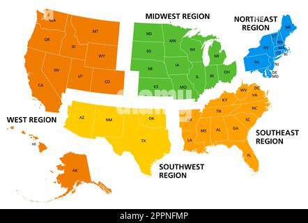 Etats-Unis d'Amérique, régions géographiques, carte politique colorée Illustration de Vecteur