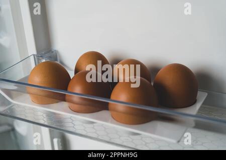 6 œufs de poulet dans un réfrigérateur vide. une demi-douzaine d'œufs dans le plateau du réfrigérateur Banque D'Images